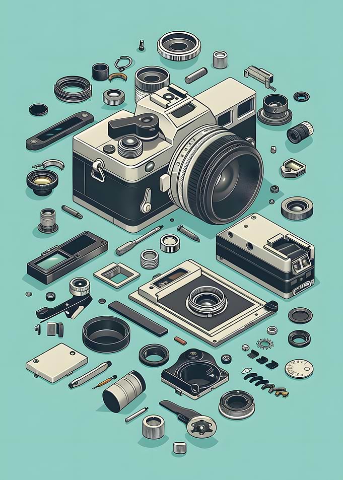 Exploded View of Vintage Camera Parts
