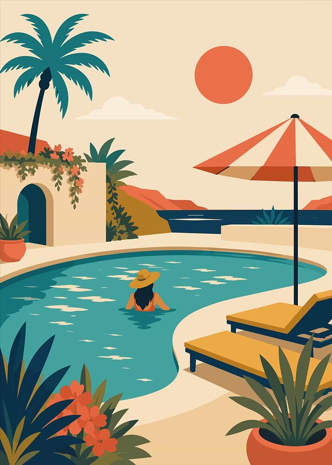 Relaxing Greece Summer Poolside Minimalist Boho Art