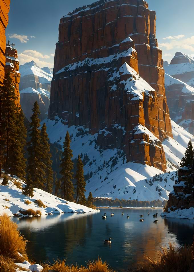 Snowy Mountain Lake with Geese