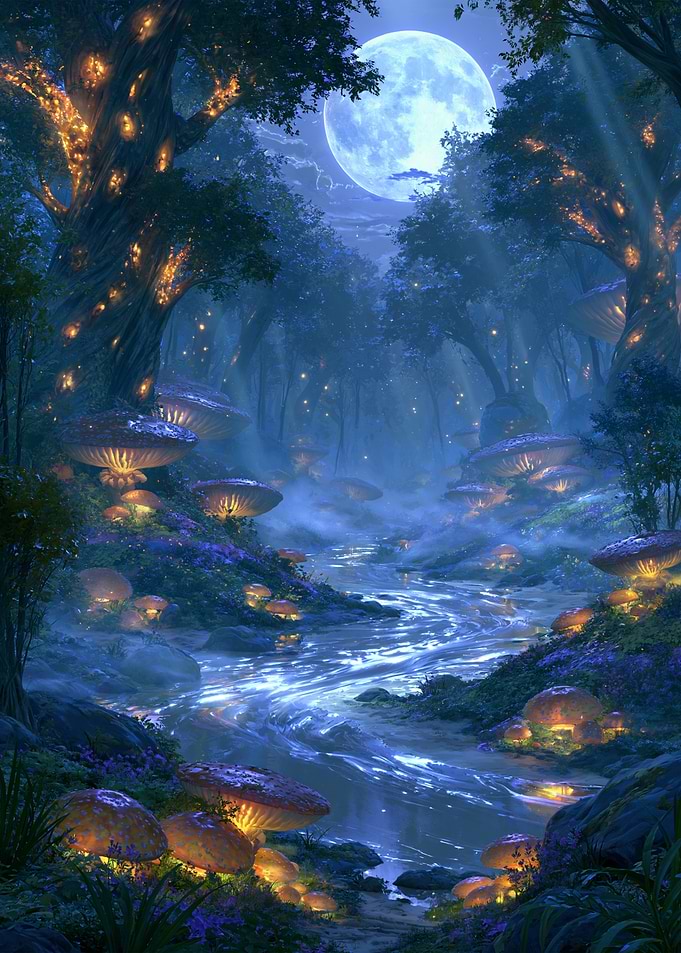 Moonlit Enchanted Forest with Glowing Mushrooms