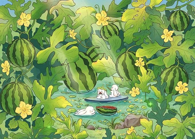 Cute Bunnies in Watermelon Patch