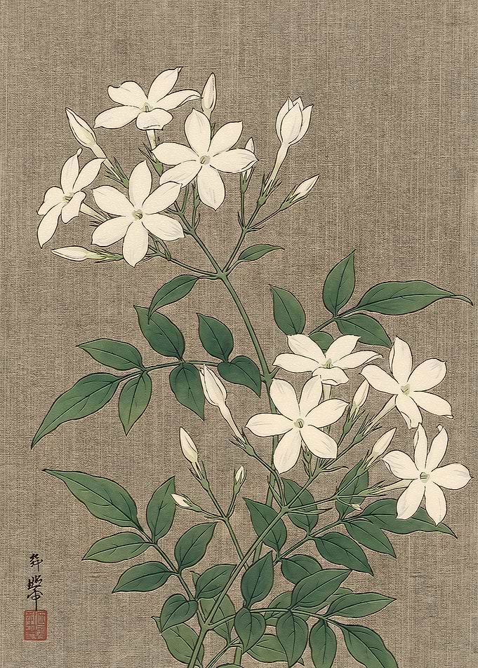 Japanese Woodblock Print of Jasmine Flowers