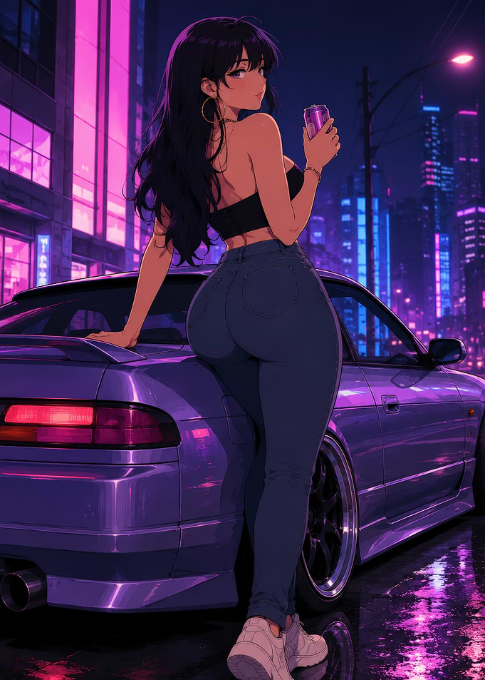 Anime Girl Leaning on Purple Car