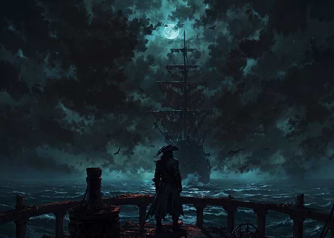 Pirate Captain Facing Ghost Ship