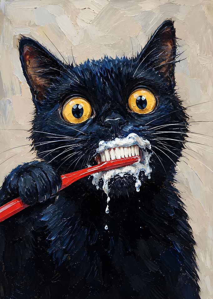 Funny Black Cat Brushing Teeth