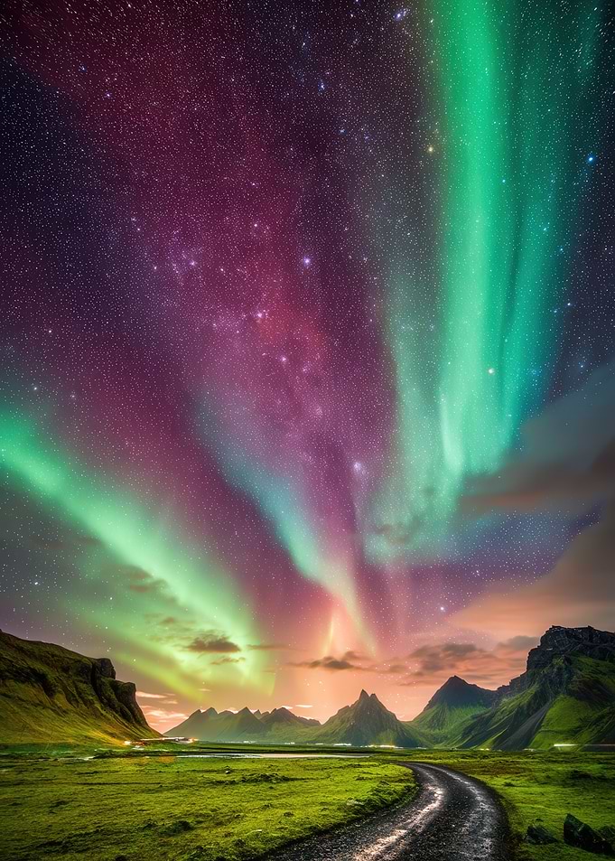 Vibrant Aurora Borealis Over Icelandic Landscape