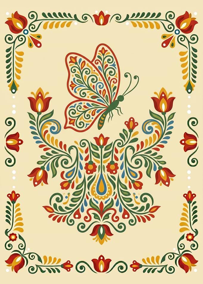 Traditional Swedish Kurbits Folk Art Butterfly Illustration