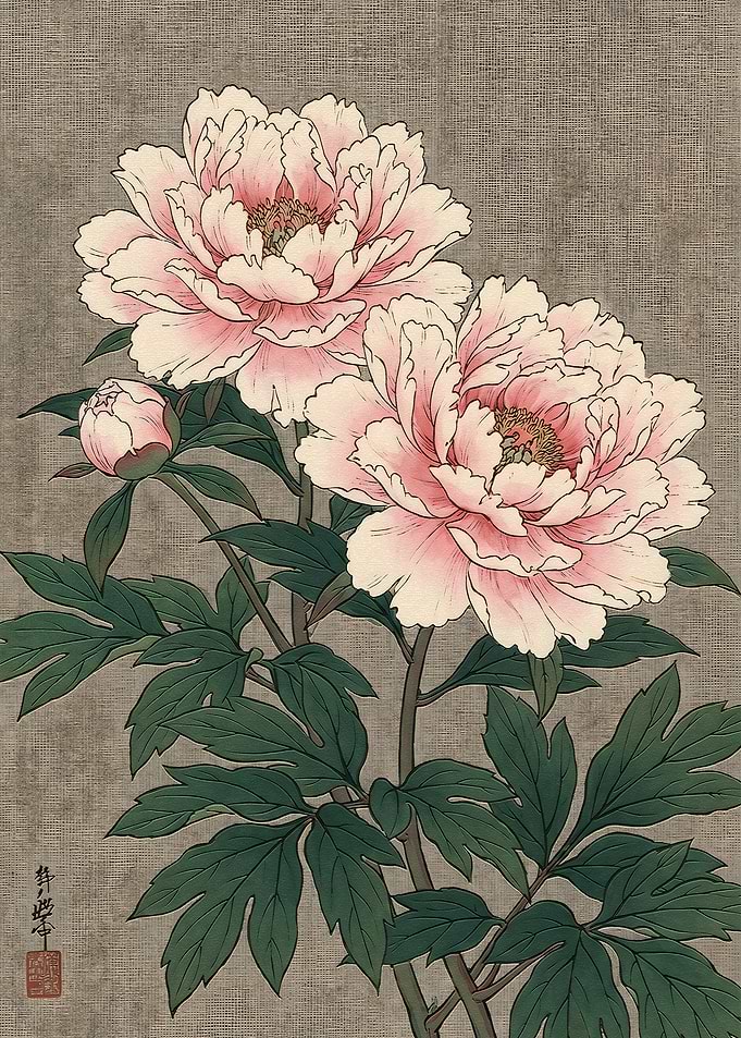 Traditional Japanese Peony Flower Painting