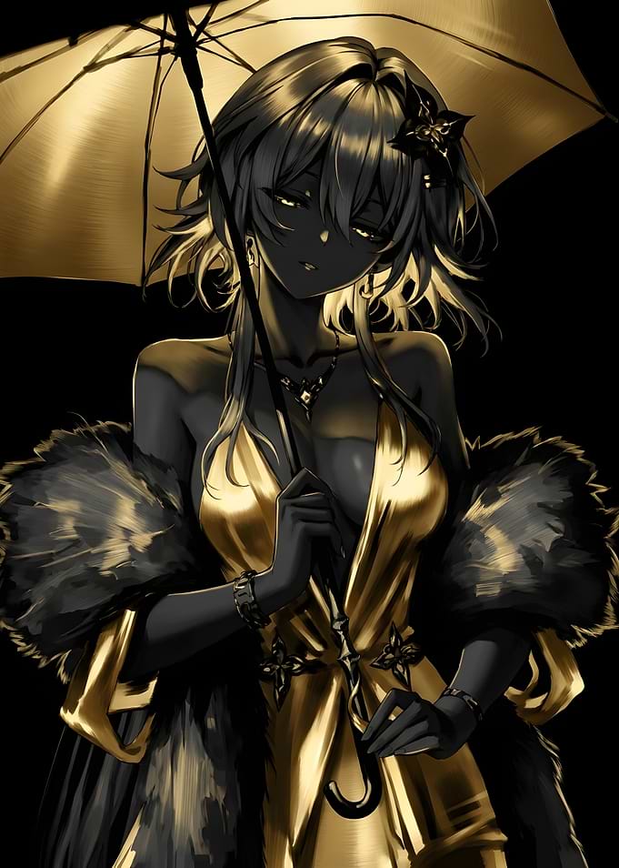 Elegant Anime Girl with Golden Umbrella