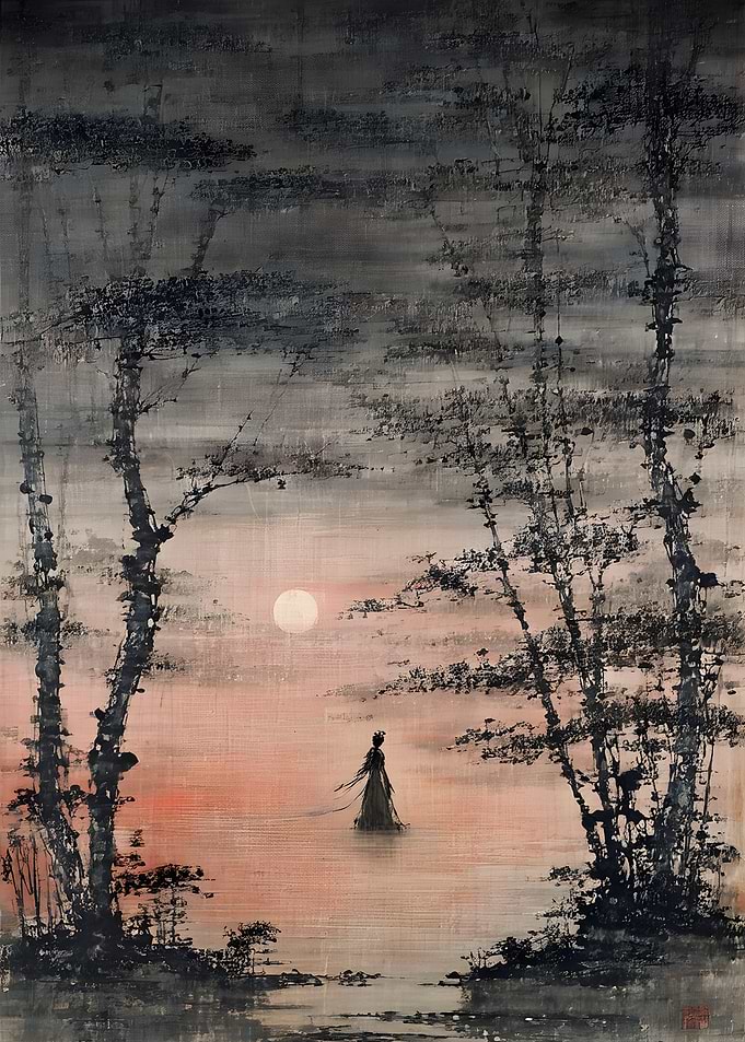 Ethereal Figure in Misty Landscape