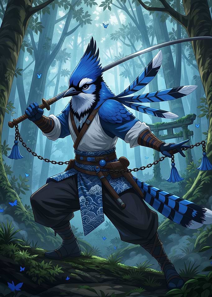Blue Jay Samurai Warrior in Forest