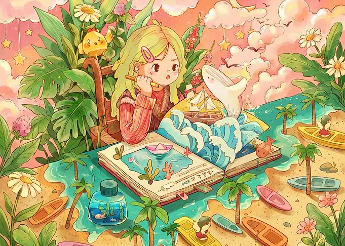 Girl Reading Magical Ocean Storybook