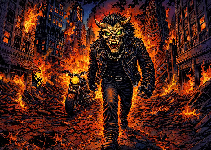 Demon Biker in Burning City
