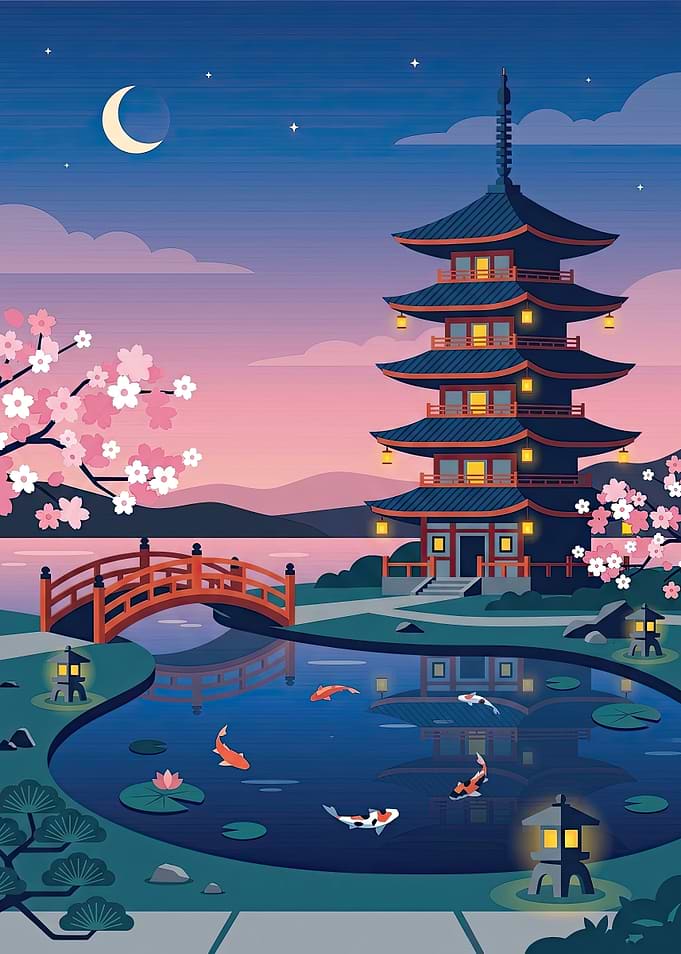 Japanese Pagoda Garden at Night