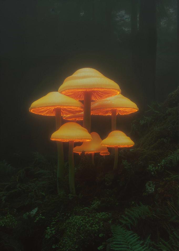 Glowing Bioluminescent Mushrooms in Dark Forest