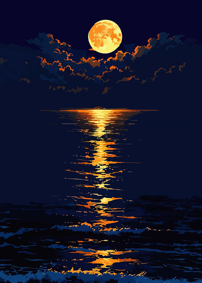 Golden Moon Over Dark Ocean