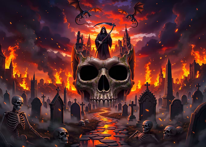 Grim Reaper Over Burning Graveyard