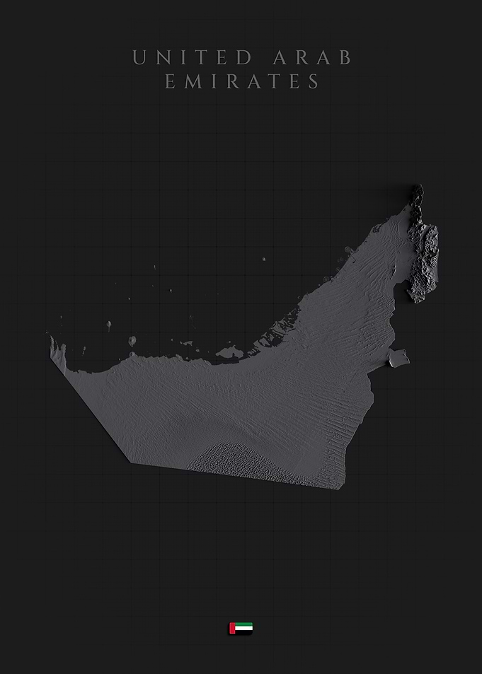 United Arab Emirates Topographic Map - Dark Shaded Relief, 3D Elevation Poster