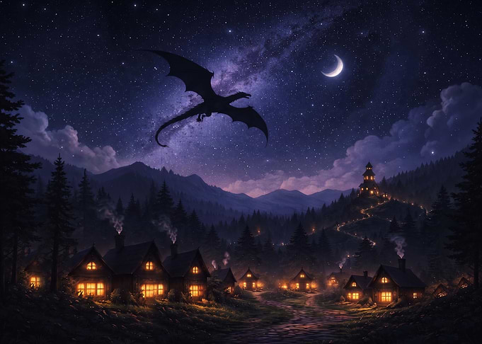 Dragon Flying Over Enchanted Village