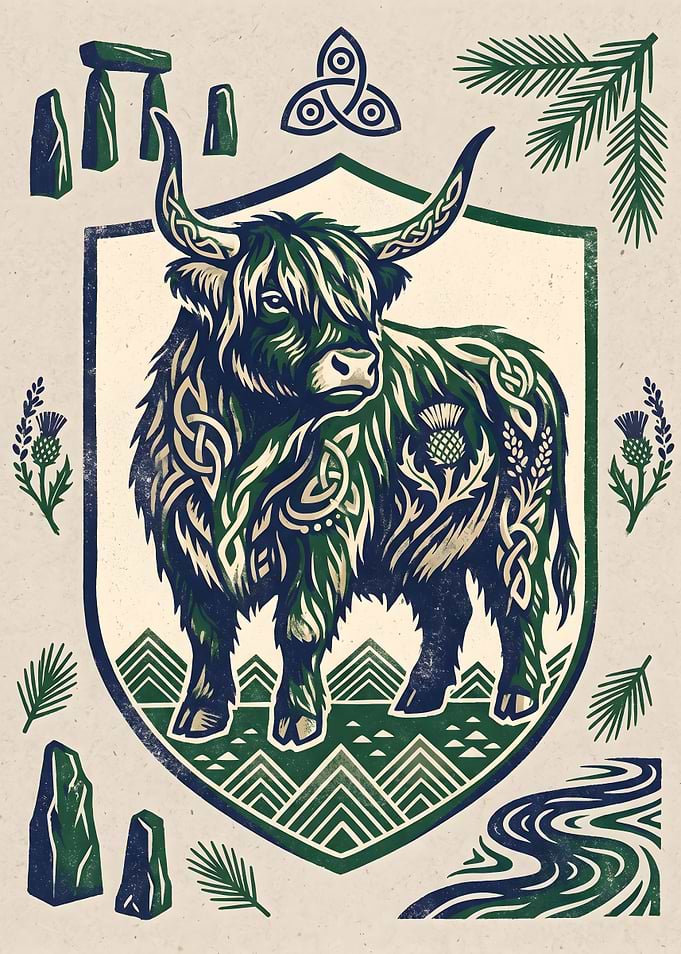 Celtic Highland Cow Shield Illustration