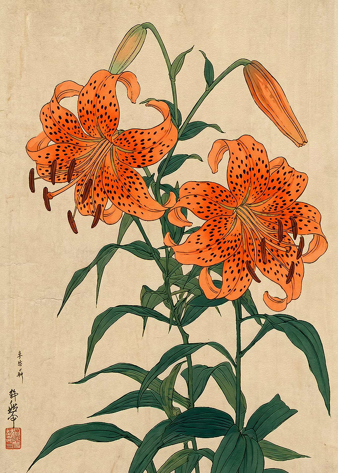 Vintage Japanese Tiger Lily Woodblock Print