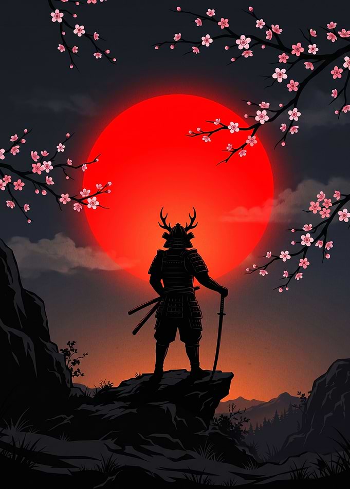 Samurai Silhouette Under Red Sun