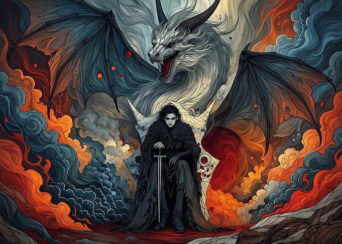 Dark Fantasy Warrior and Dragon Throne