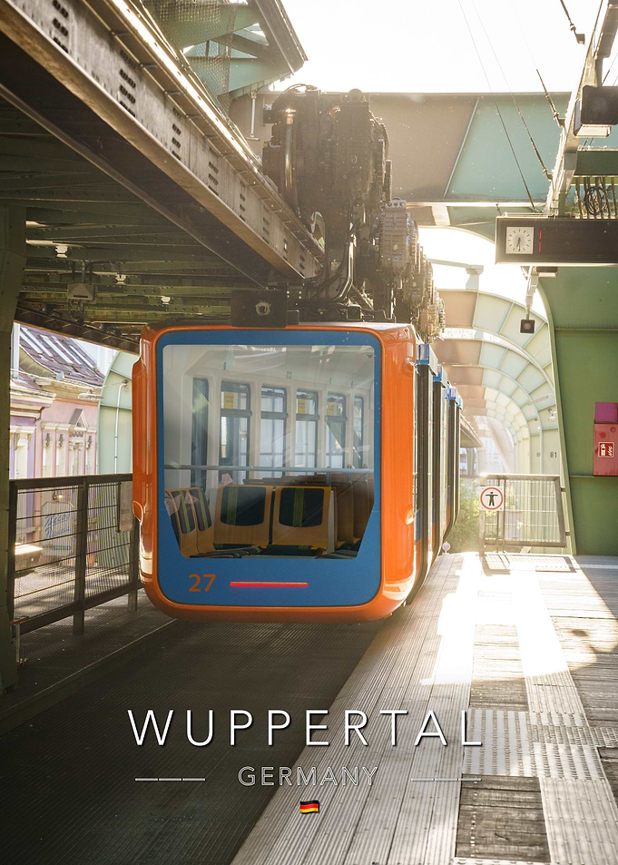 Wuppertal Suspension Railway on station in sunlight
