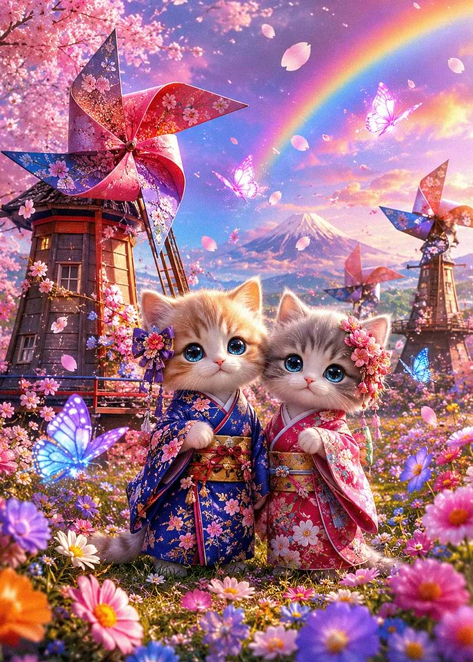 Two Kittens in Kimonos by Mount Fuji