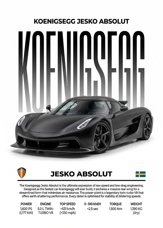 black sleek Koenigsegg Jesko Absolut car Poster