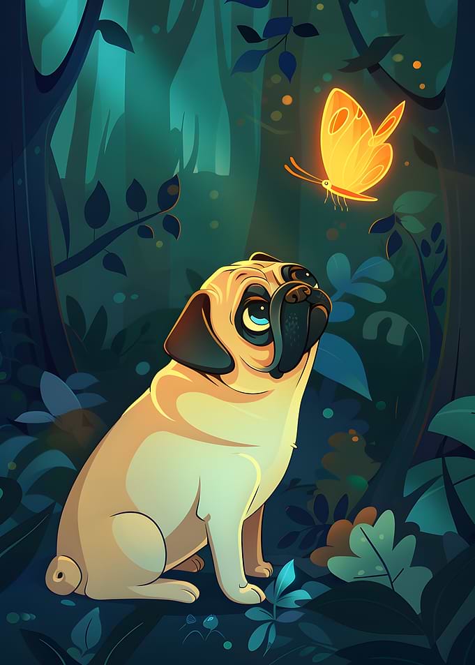 Pug Watching a Glowing Butterfly