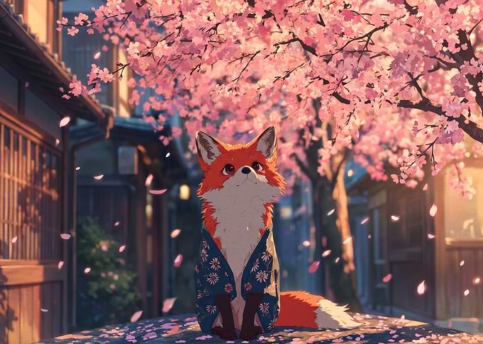 Cute Fox in Kimono Under Sakura