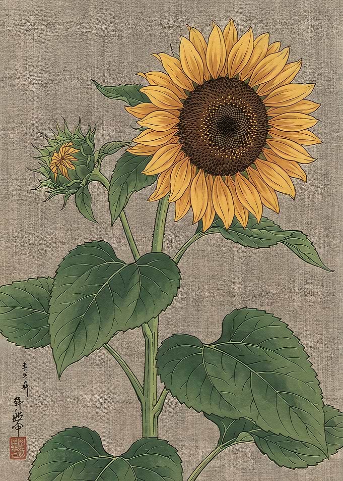 Traditional Japanese Sunflower Botanical Illustration