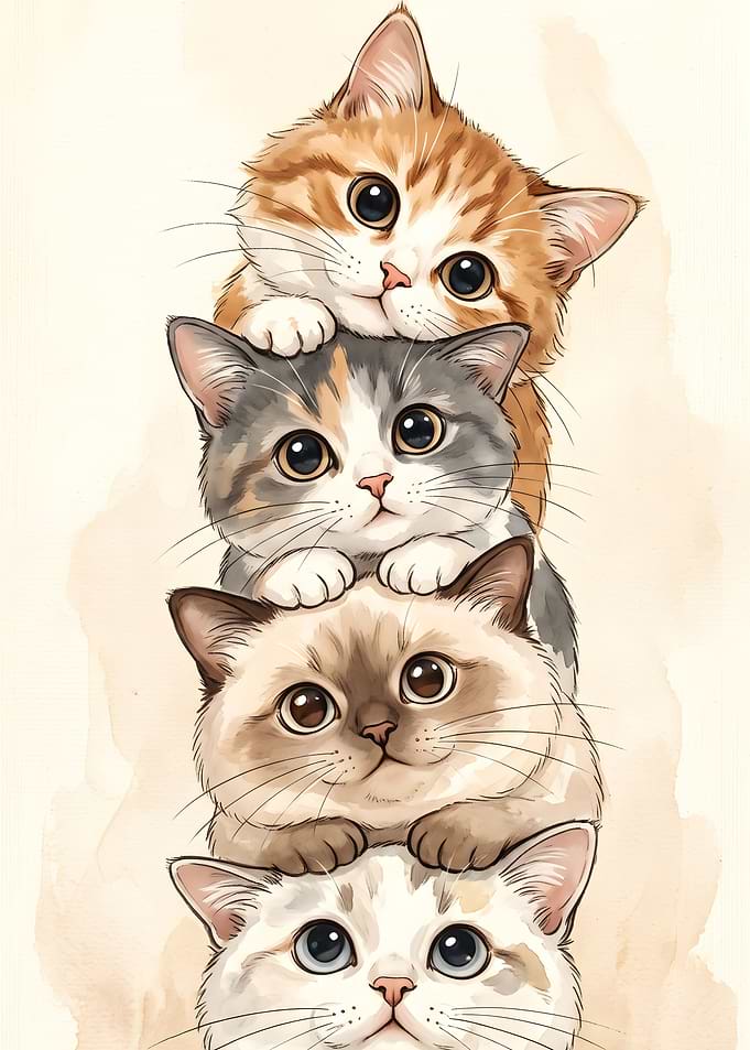 Stack of Four Cute Kittens Cute Kitten Stack - Adorable Watercolor Cat Tower Illustration Metal Poster