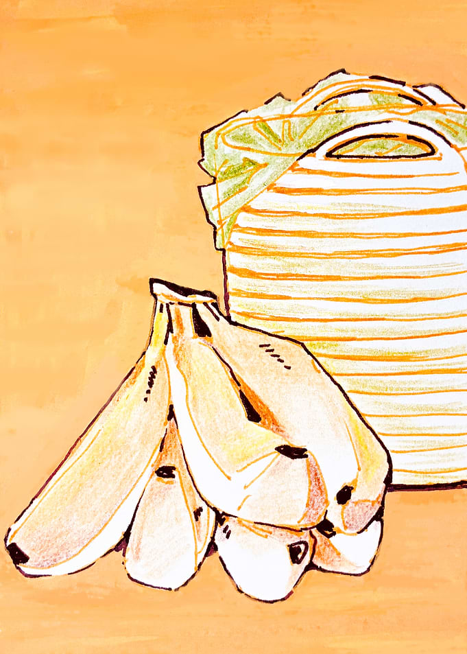 Hand-Drawn Illustration of Bananas and Basket