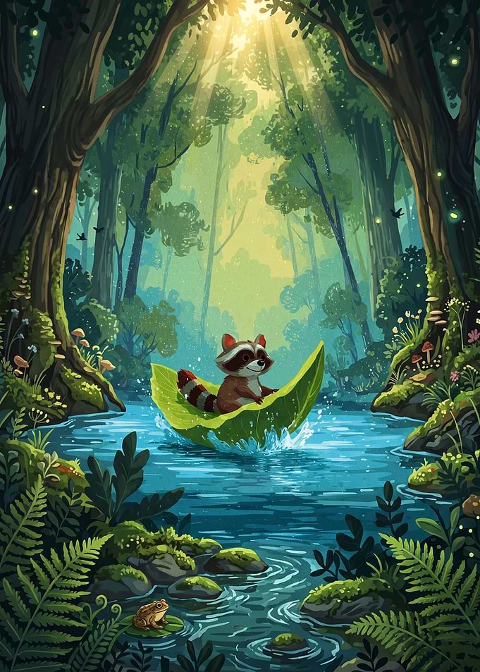 Cute Raccoon Sailing on a Leaf