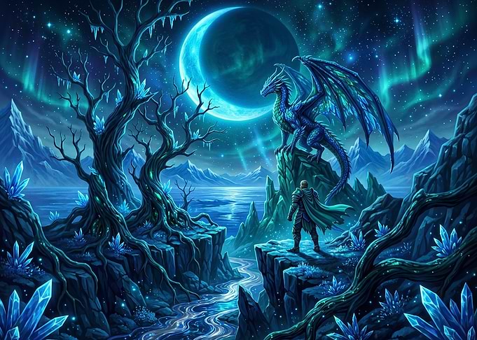 Warrior and Dragon in Crystal Landscape