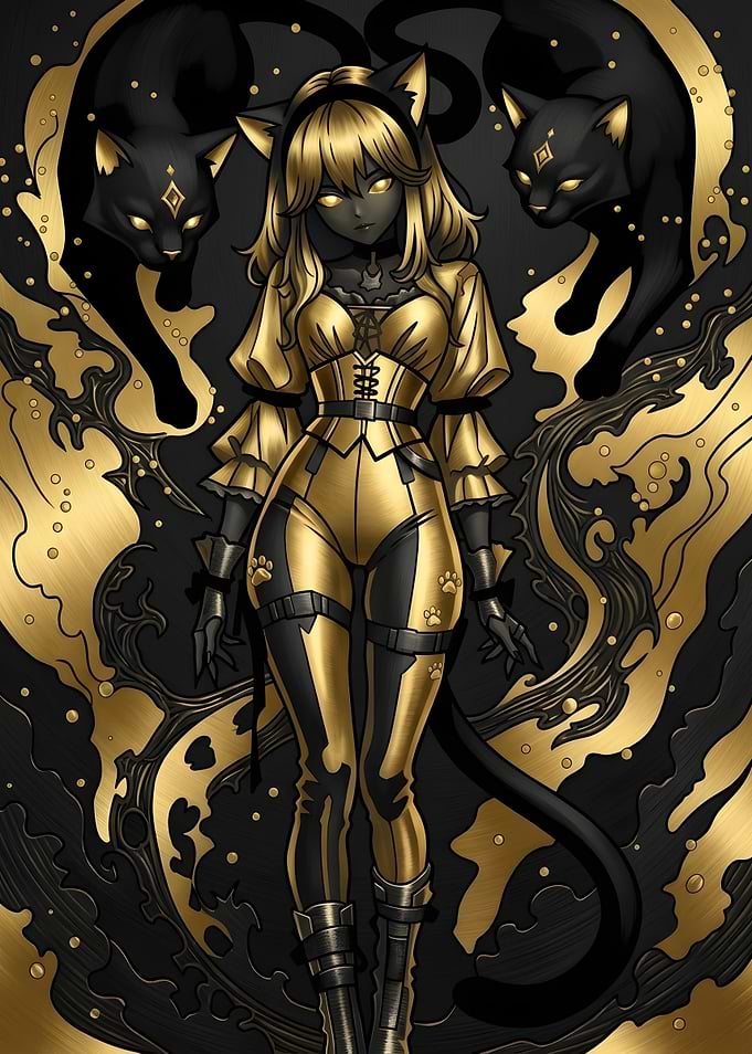 Golden Cat Girl with Black Panthers