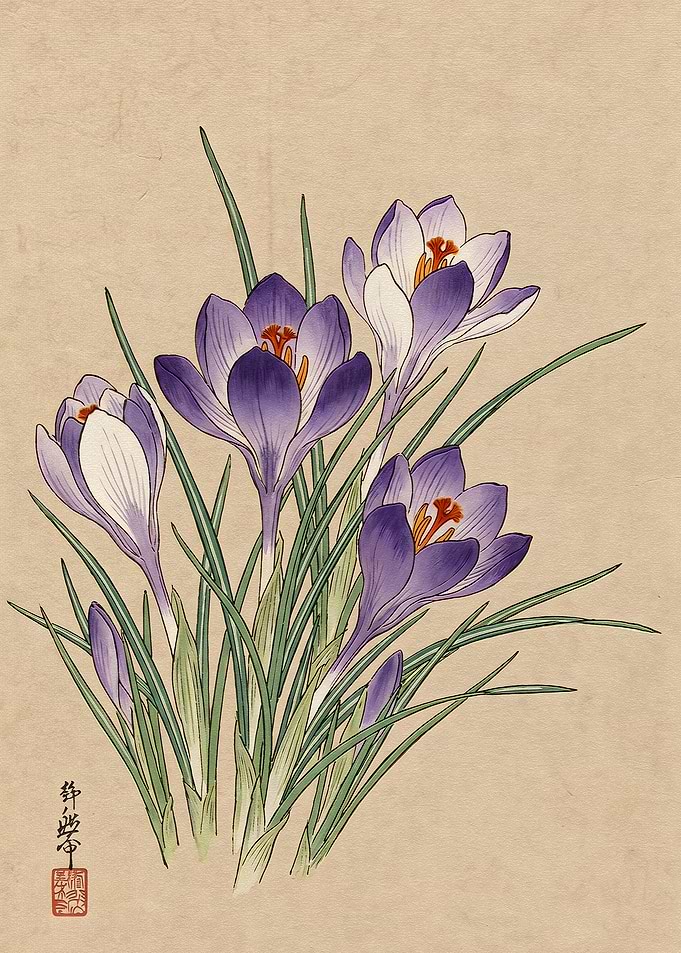 Japanese Style Crocus Flower Illustration