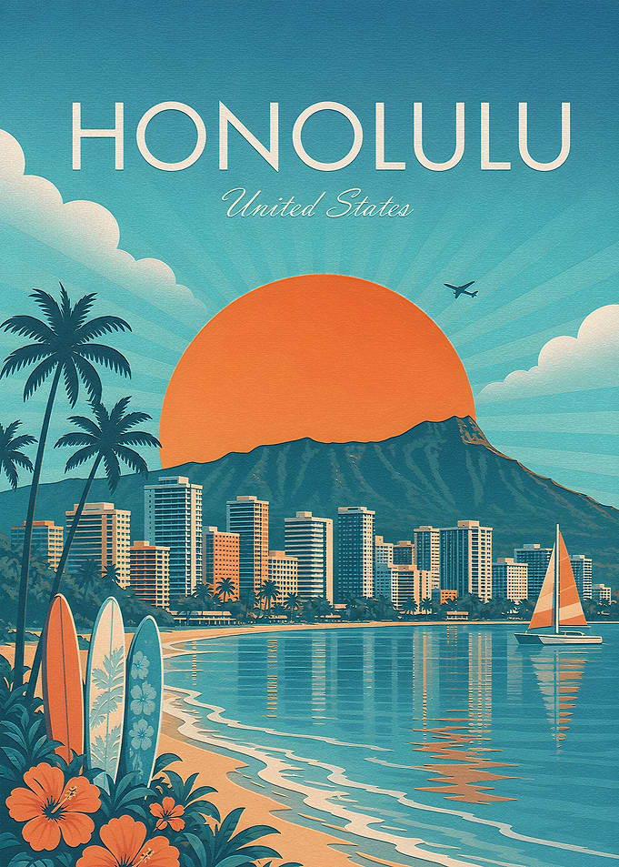 Vintage Honolulu Travel Poster