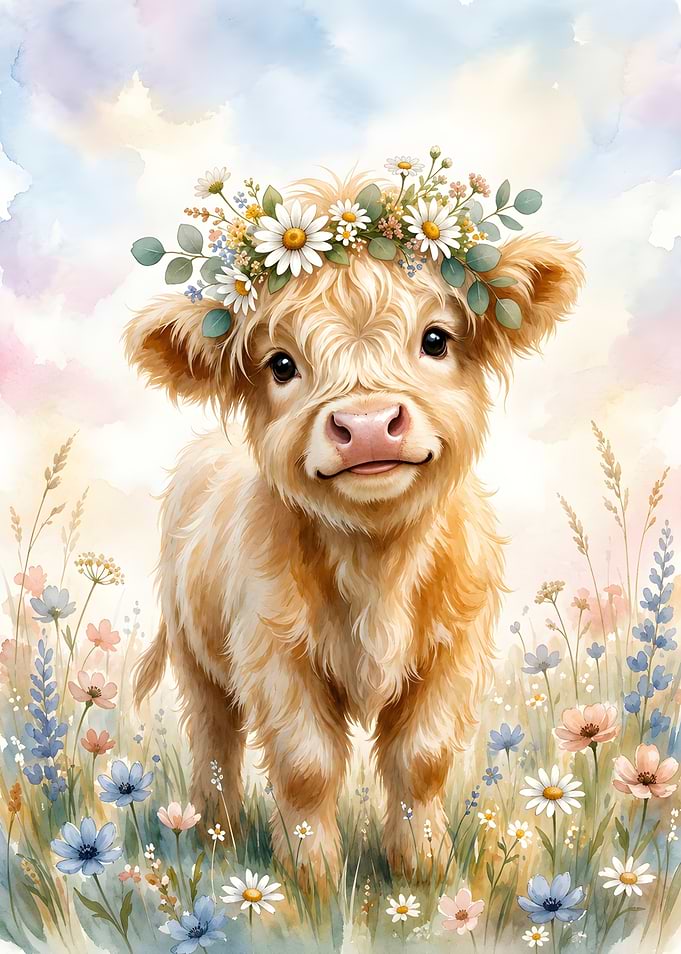 Cute Highland Cow with Flower Crown
