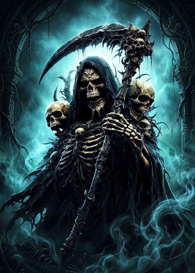 Grim Reaper with Scythe and Skulls