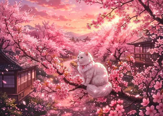 White Cat in Cherry Blossom Garden
