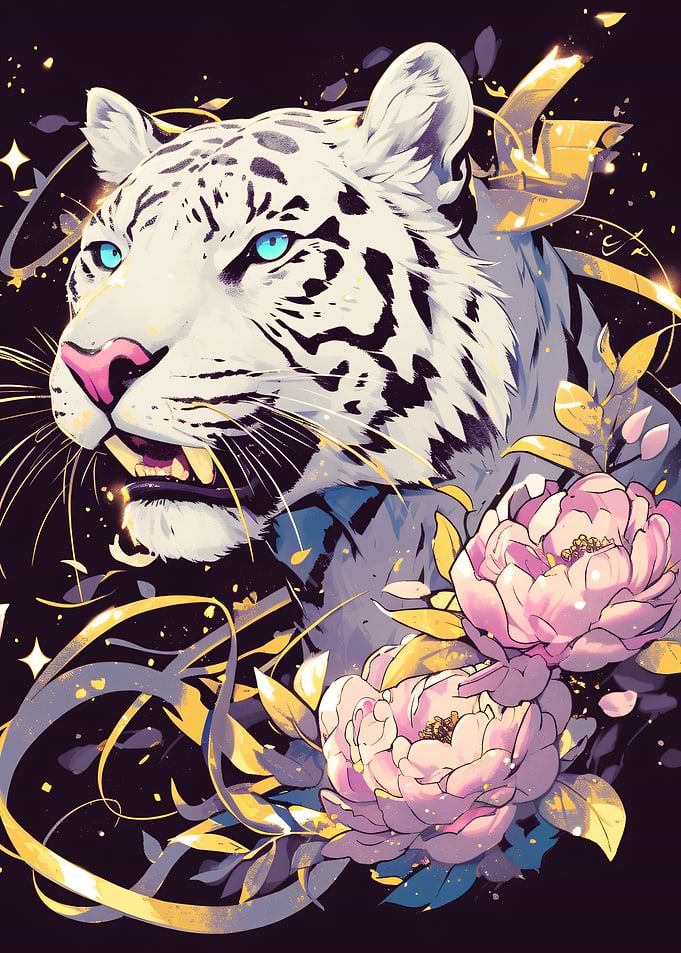 Majestic White Tiger with Peonies