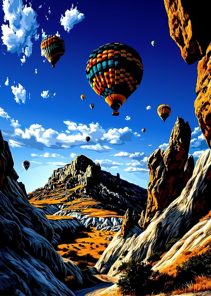 Hot Air Balloons Over Cappadocia Landscape