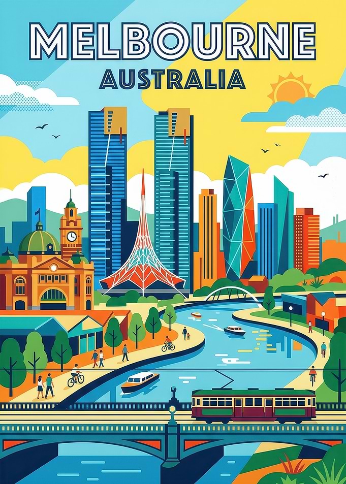 Melbourne Australia Cityscape Travel Poster