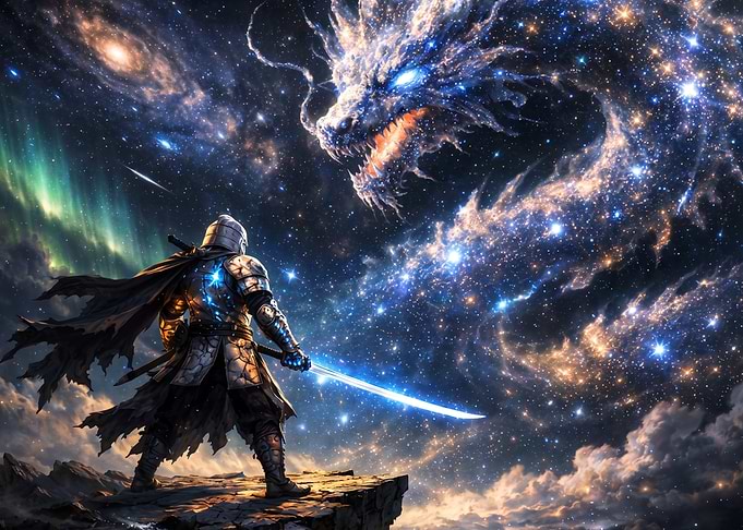 Knight Facing Cosmic Star Dragon