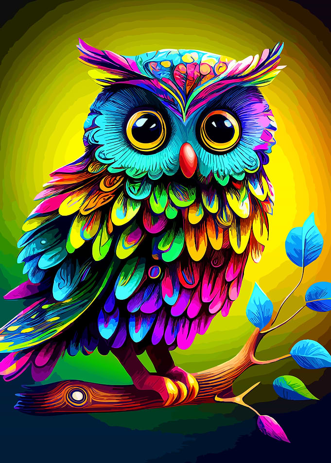 Vibrant Psychedelic Rainbow Owl Illustration