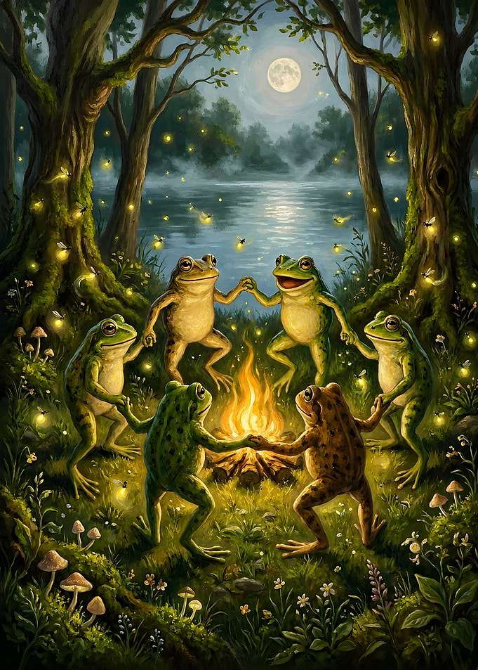 Frogs Dancing Around a Campfire