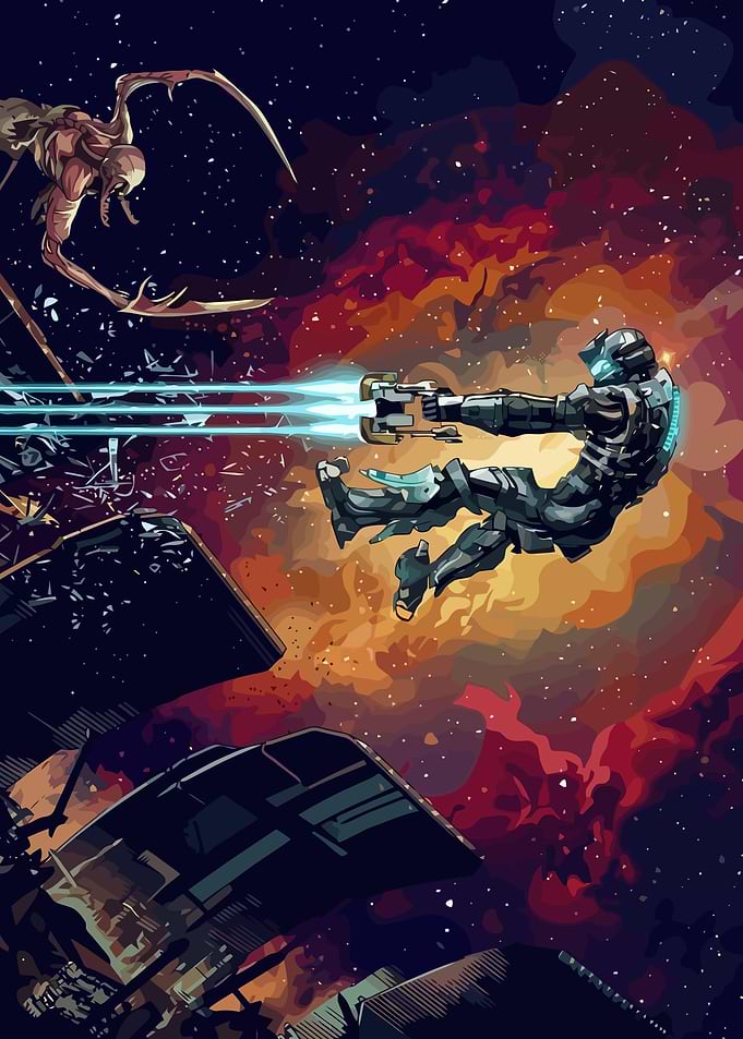 Isaac Clarke Fighting Necromorph in Space
